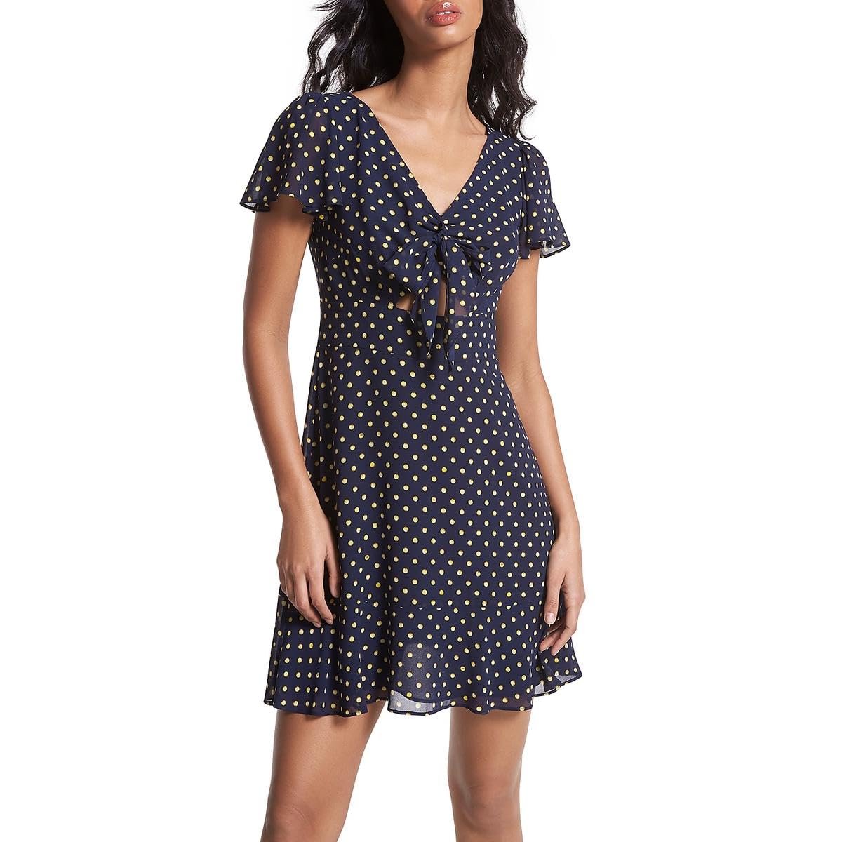 Michael Kors Women's V Neck Short Flutter Sleeve Tiered Ruffled Hem Fit and
