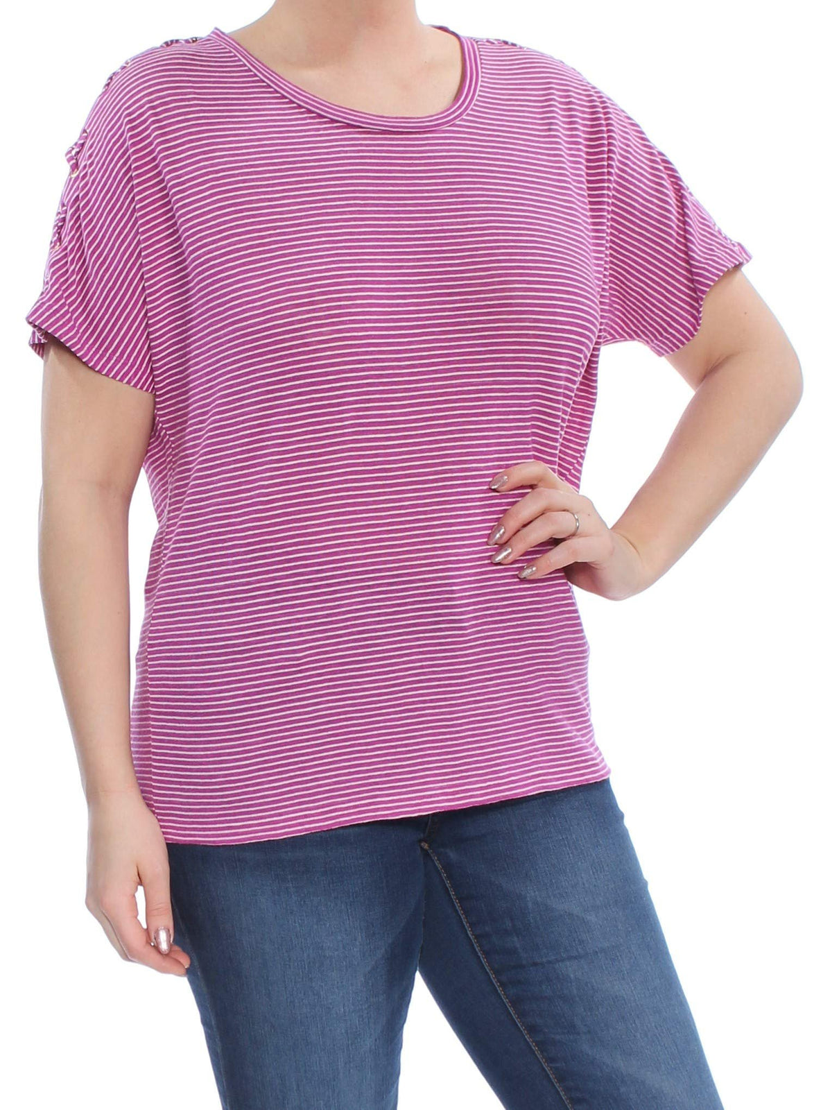 LAUREN RALPH LAUREN Womens Linen Striped Pullover Top Pink L