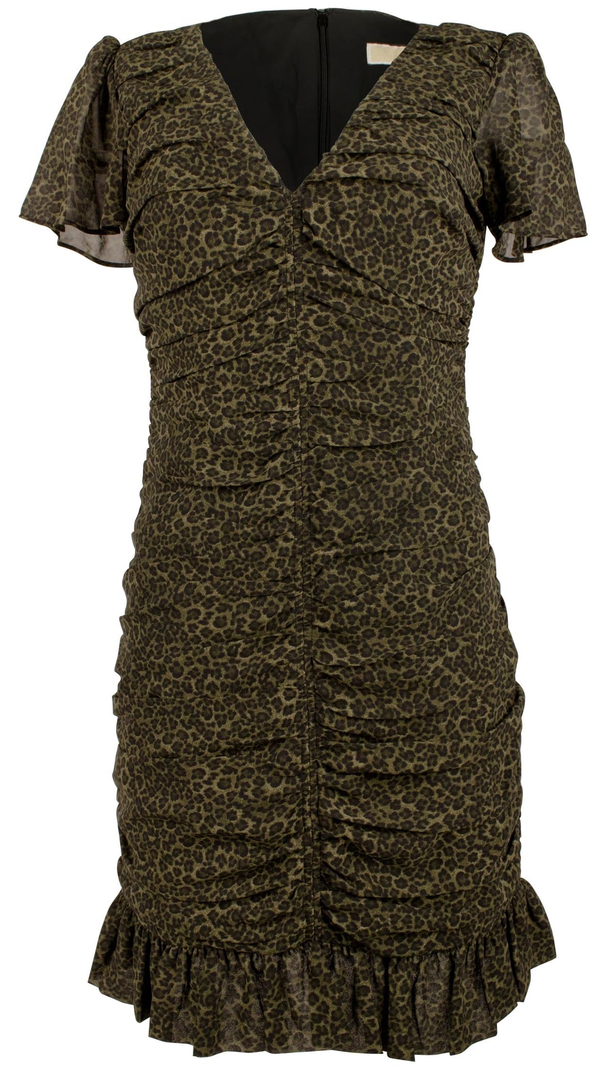 Michael Kors Women's Animal Print Ruched V-neck Mini Dress Olv 6