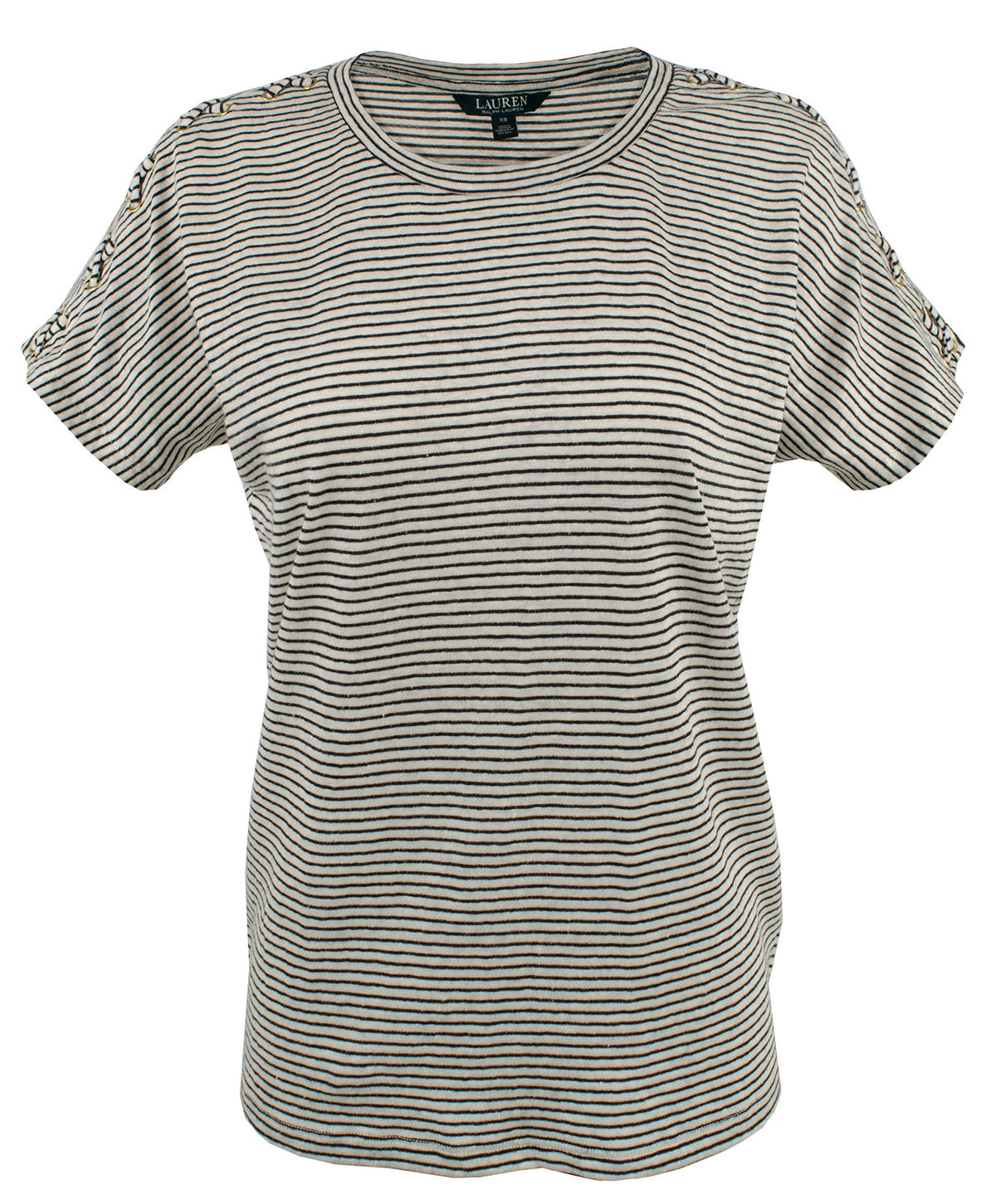 LAUREN RALPH LAUREN Striped Lace-Up Sleeve Tee (Medium, Chalk/Black)