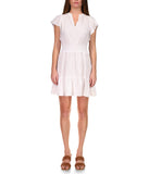 Michael Kors Women's Seersucker Split V Neck Cap Flutter Sleeve Dress