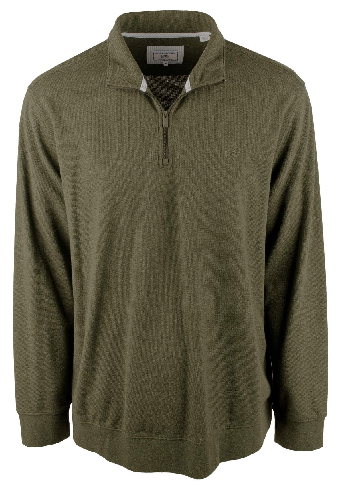 Sudadera con cremallera de 1/4 de piqué Skipjack para hombre de Southern Tide, color musgo amazónico jaspeado, talla pequeña