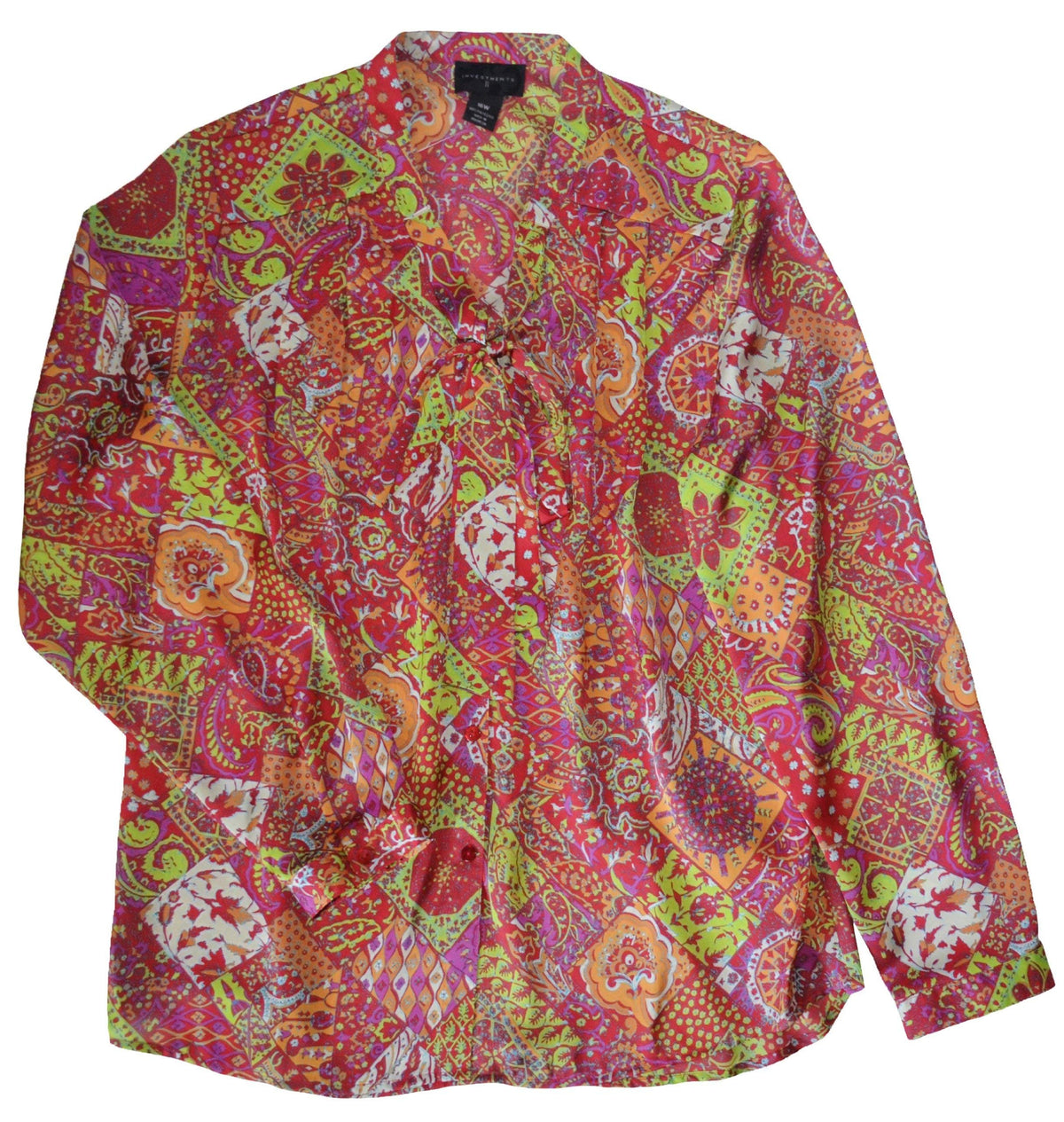 Investments Women's V-Neck Long Sleeve Bow Blouse (18W, Patch Work) Orange