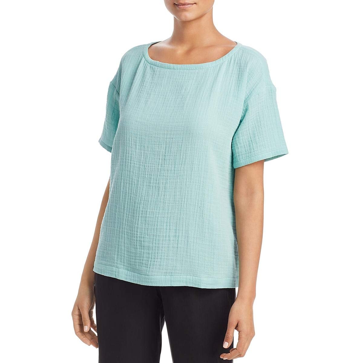Eileen Fisher Womens Organic Cotton Boat Neck Casual Top Blue L
