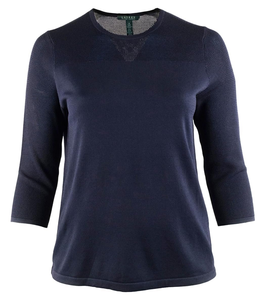 Lauren Ralph Lauren Women's Plus Size Mesh Sleeve Crewneck Sweater-B-2X Blue