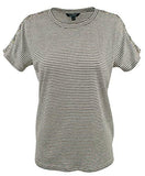 Women's Lace-Up Shoulder Striped Linen Blend Top-C-XS