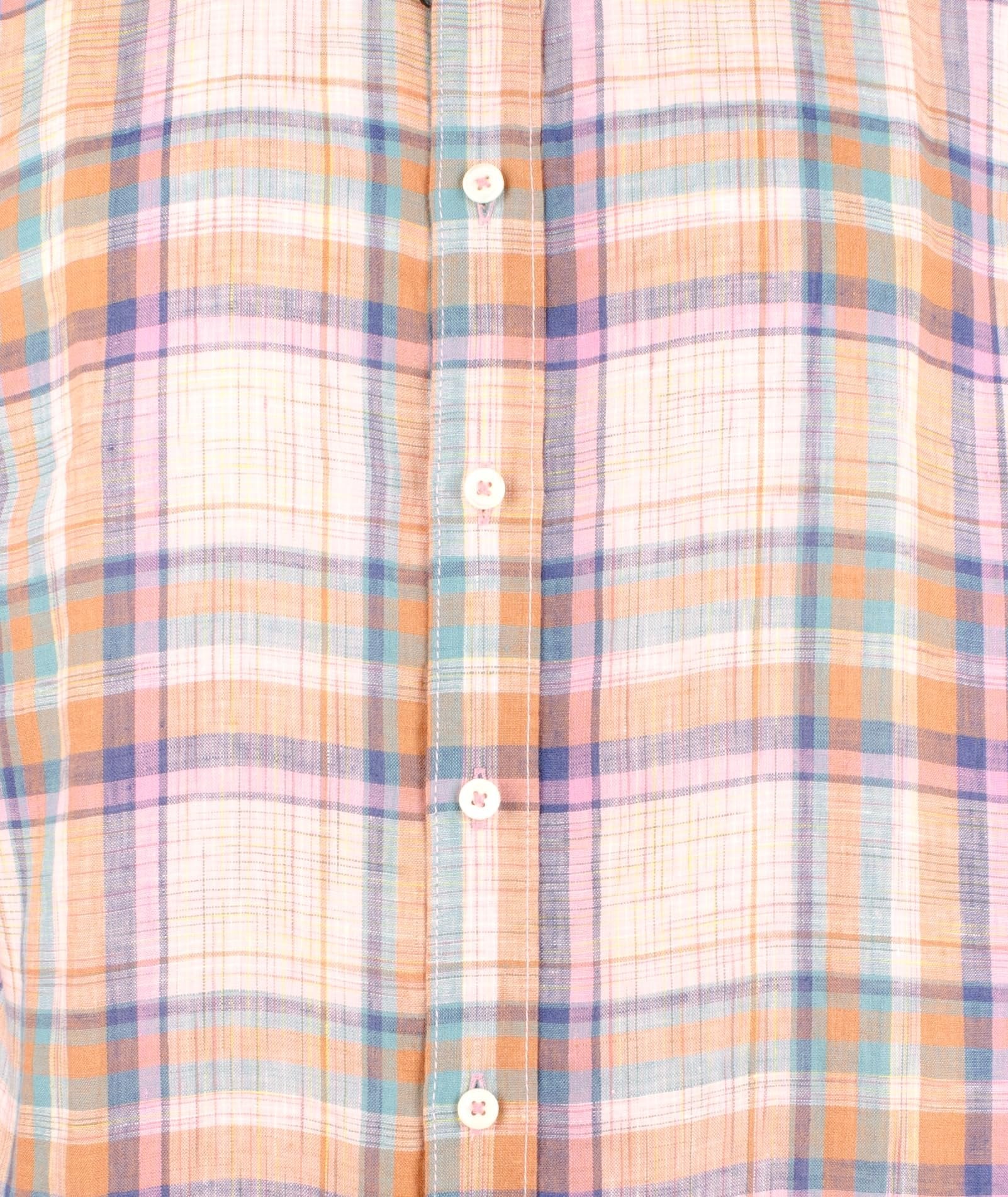 BUGATCHI Men's Shaped Fit Plaid Fine Linen Long Sleeve Shirt Pnk Medium Pink