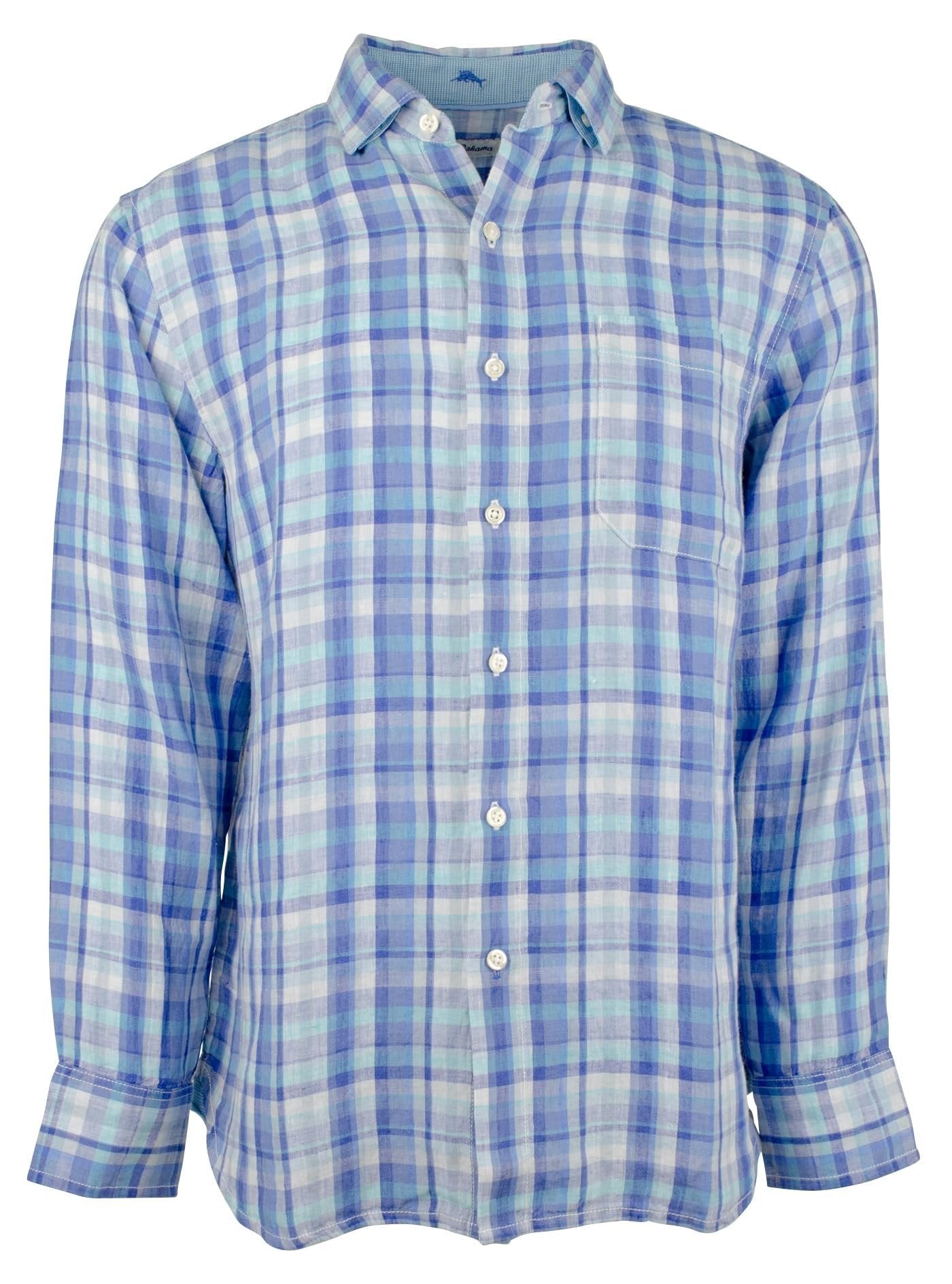 Tommy Bahama Men's Paradiso Plaid Linen Long Sleeve Shirt Medium Place Blue