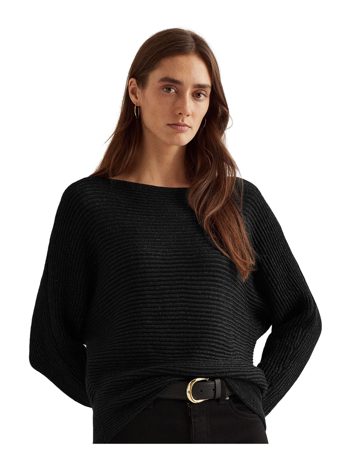 RALPH LAUREN Womens Black Metallic Ribbed Long Sleeve Boat Neck Wear To Work Sweater L