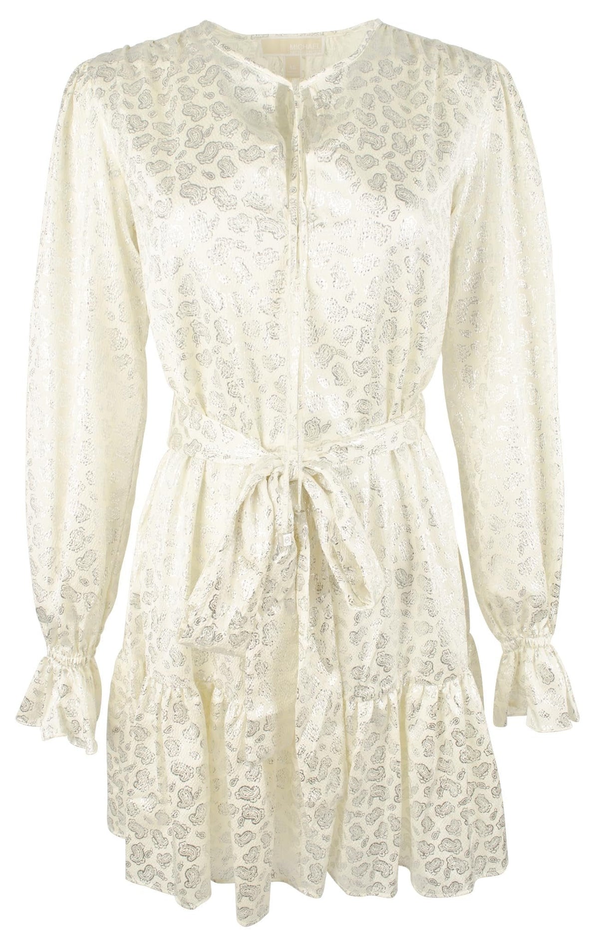 Michael Kors Women's Foil Paisley Print V-Neck Tie Tiered Dress BSlv Large