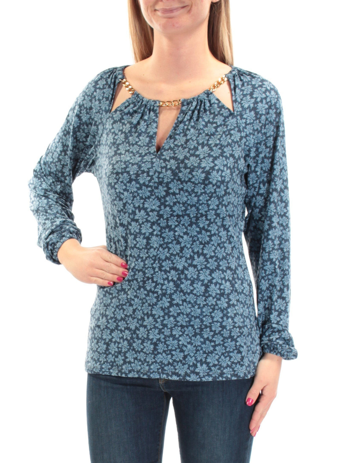 Michael Kors Women's Plus Size Chain Neck Floral Peasant Top