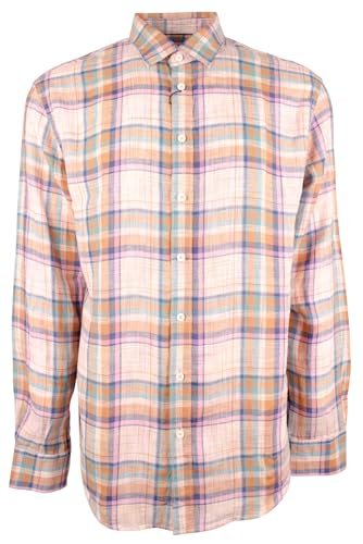 BUGATCHI Men's Shaped Fit Plaid Fine Linen Long Sleeve Shirt Pnk Medium Pink