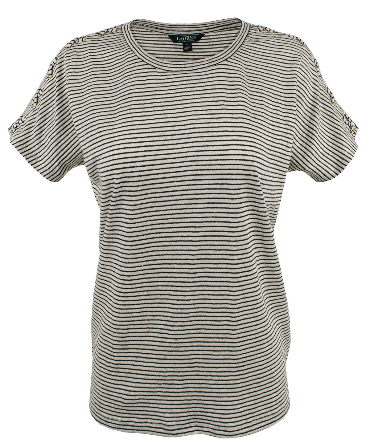 LAUREN RALPH LAUREN Striped Lace-Up Sleeve Tee (Medium, Chalk/Black)