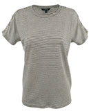 LAUREN RALPH LAUREN Striped Lace-Up Sleeve Tee (Medium, Chalk/Black)