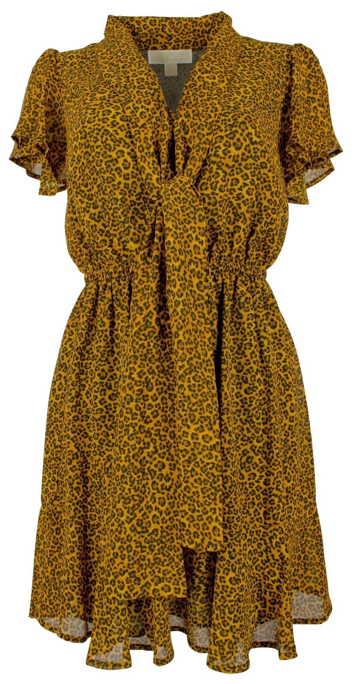 Michael Kors Women's Leopard Printed Cap Sleeve Tie Neck Dress Marigold