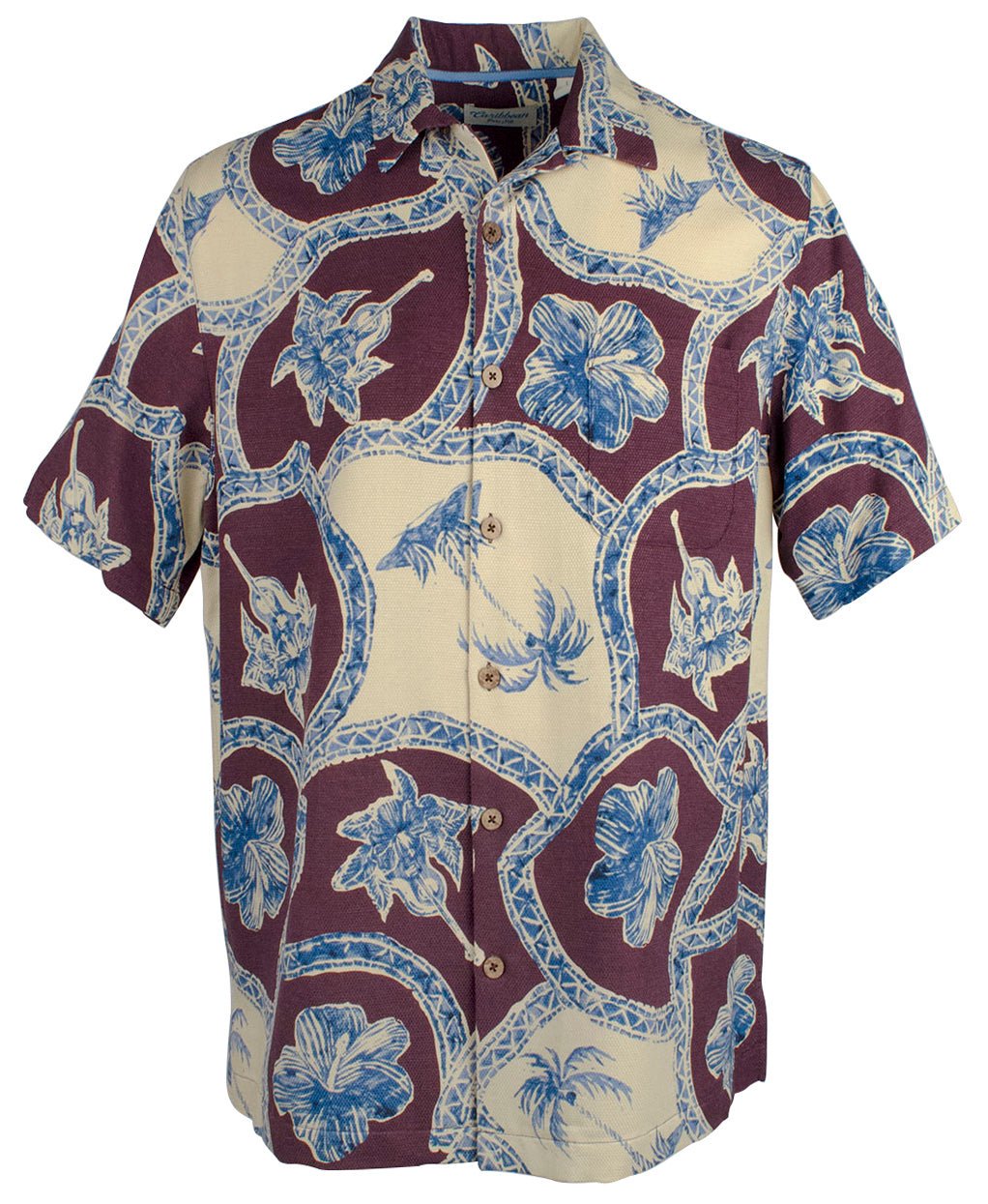 Caribbean Men's Palm Print Woven Short Sleeve Silk Shirt Multicolor Large