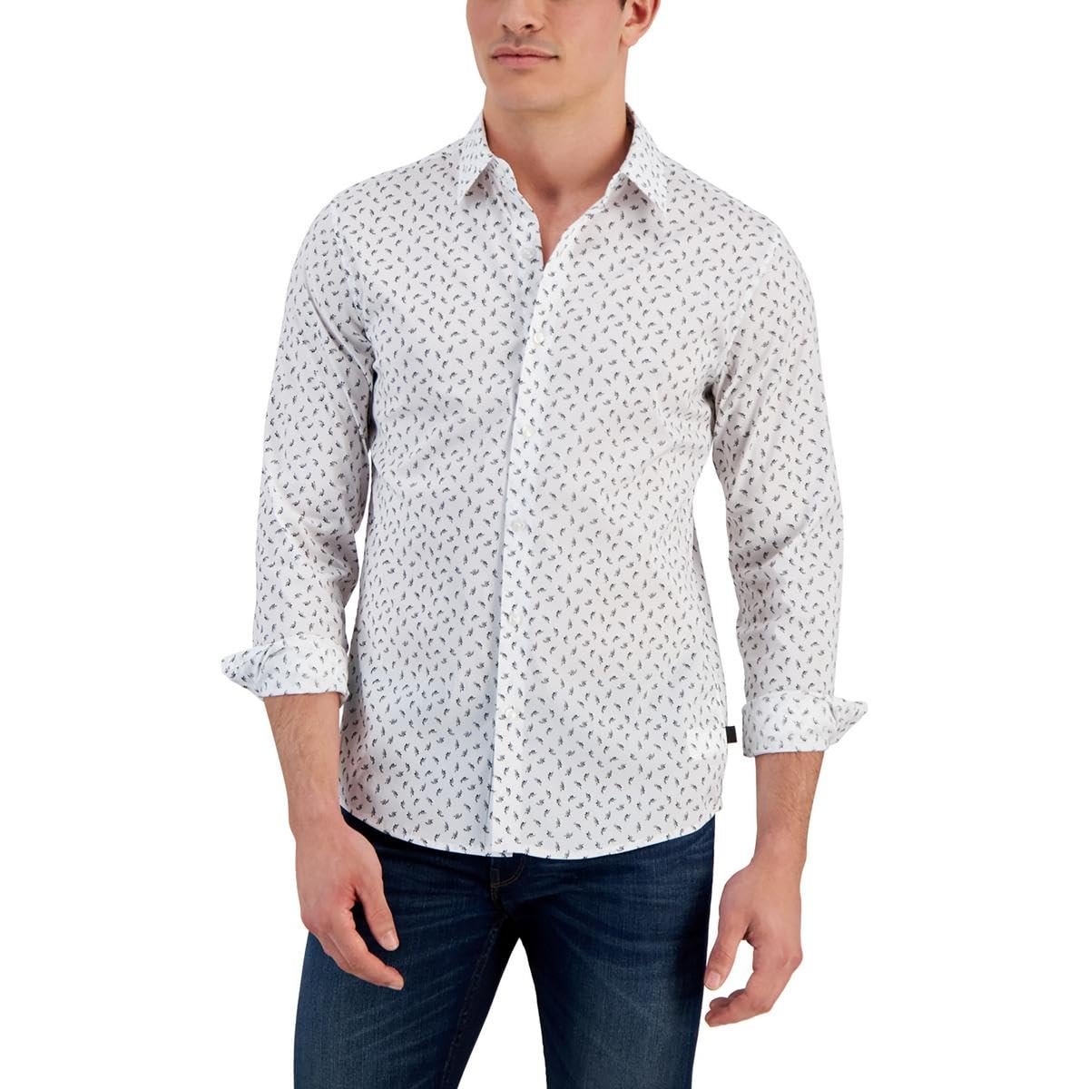 Michael Kors Mens Slim Fit Floral Button-Down Shirt White S, Concrete