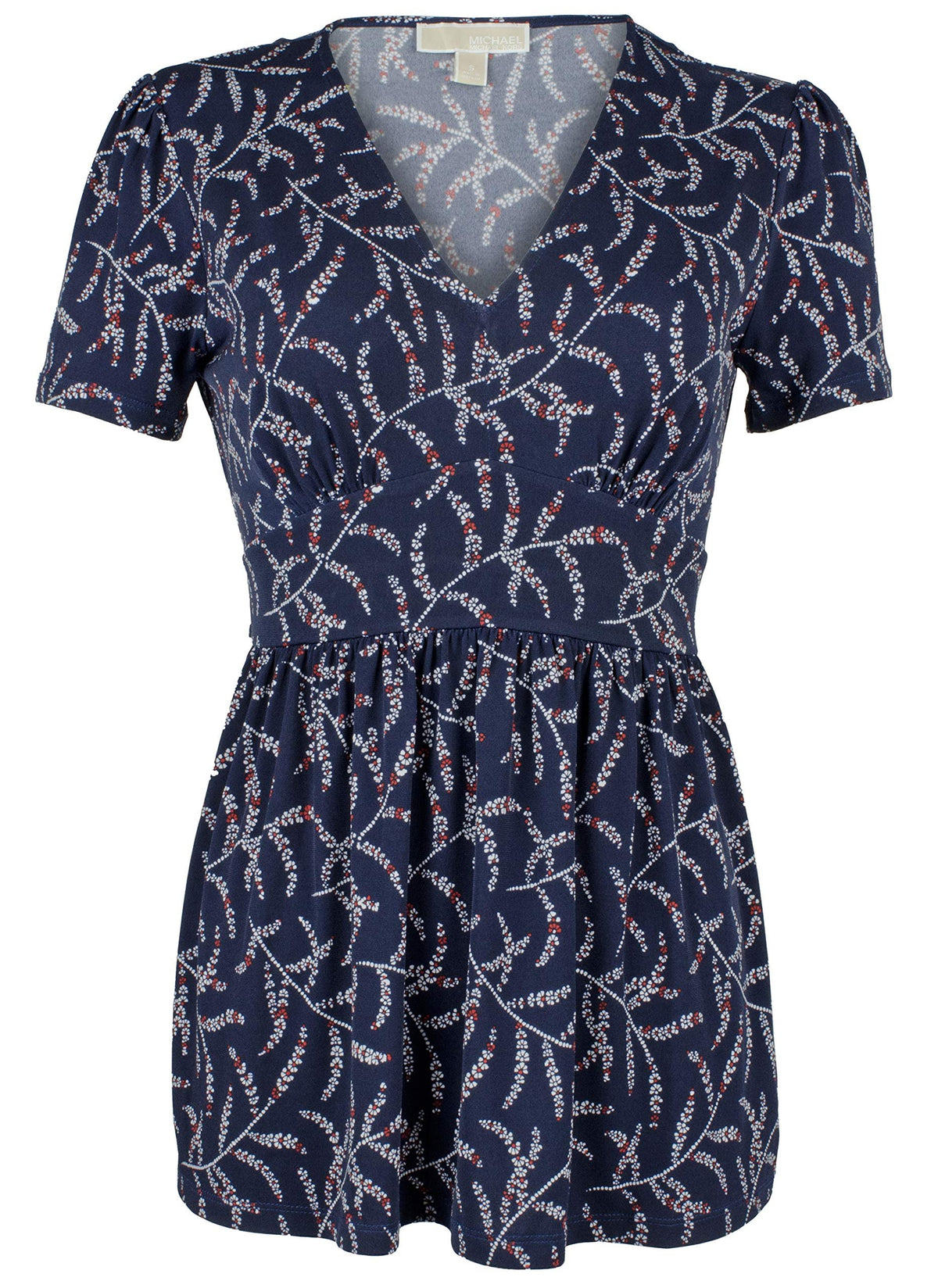 Michael Michael Kors Flowing Branches V-Neck Puff Sleeve Top True Navy/Bright Terra Cotta LG