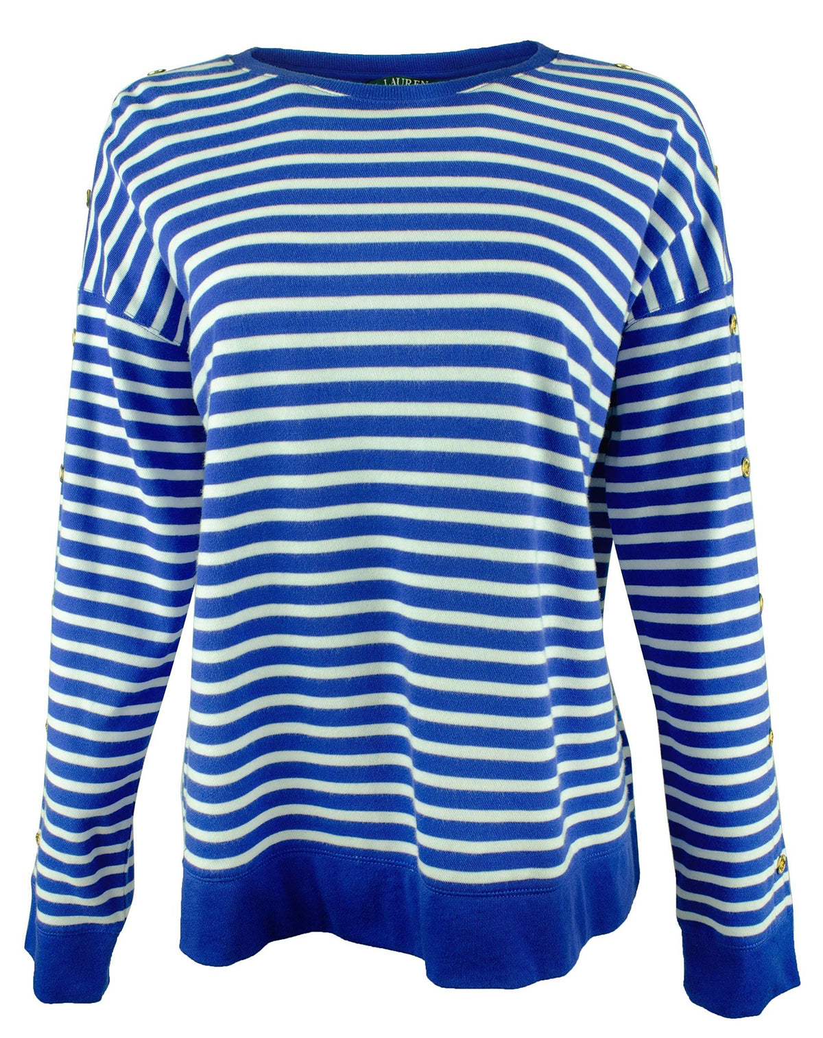 LAUREN RALPH LAUREN Women's Striped Buttoned-Sleeve Sweater-BLU-XL