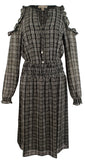 Michael Kors Tweed Haberdashery Print Georgette Cold Shoulder Midi Dress-B-XS Black