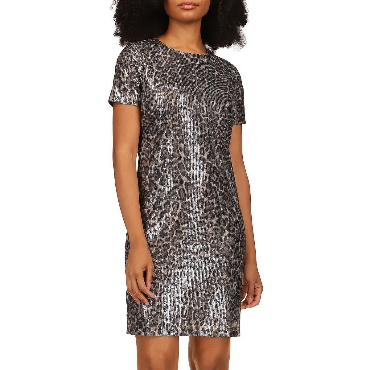 MICHAEL Michael Kors Womens Animal Print Sequined T-Shirt Dress Gray S