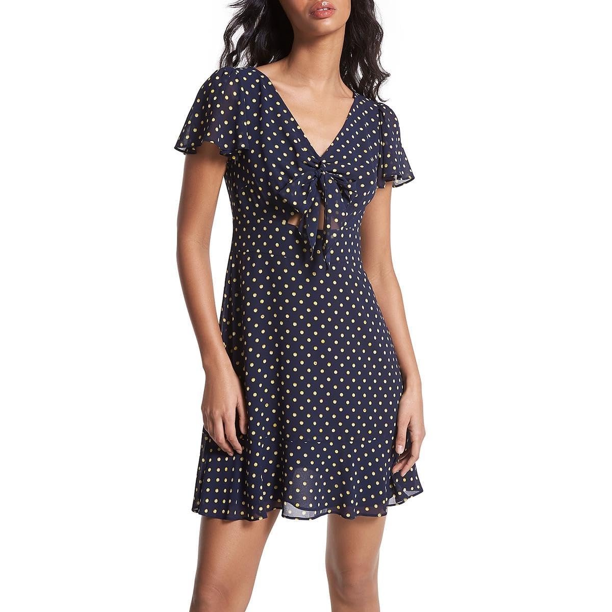 Michael Kors Women's V Neck Short Flutter Sleeve Tiered Ruffled Hem Fit and