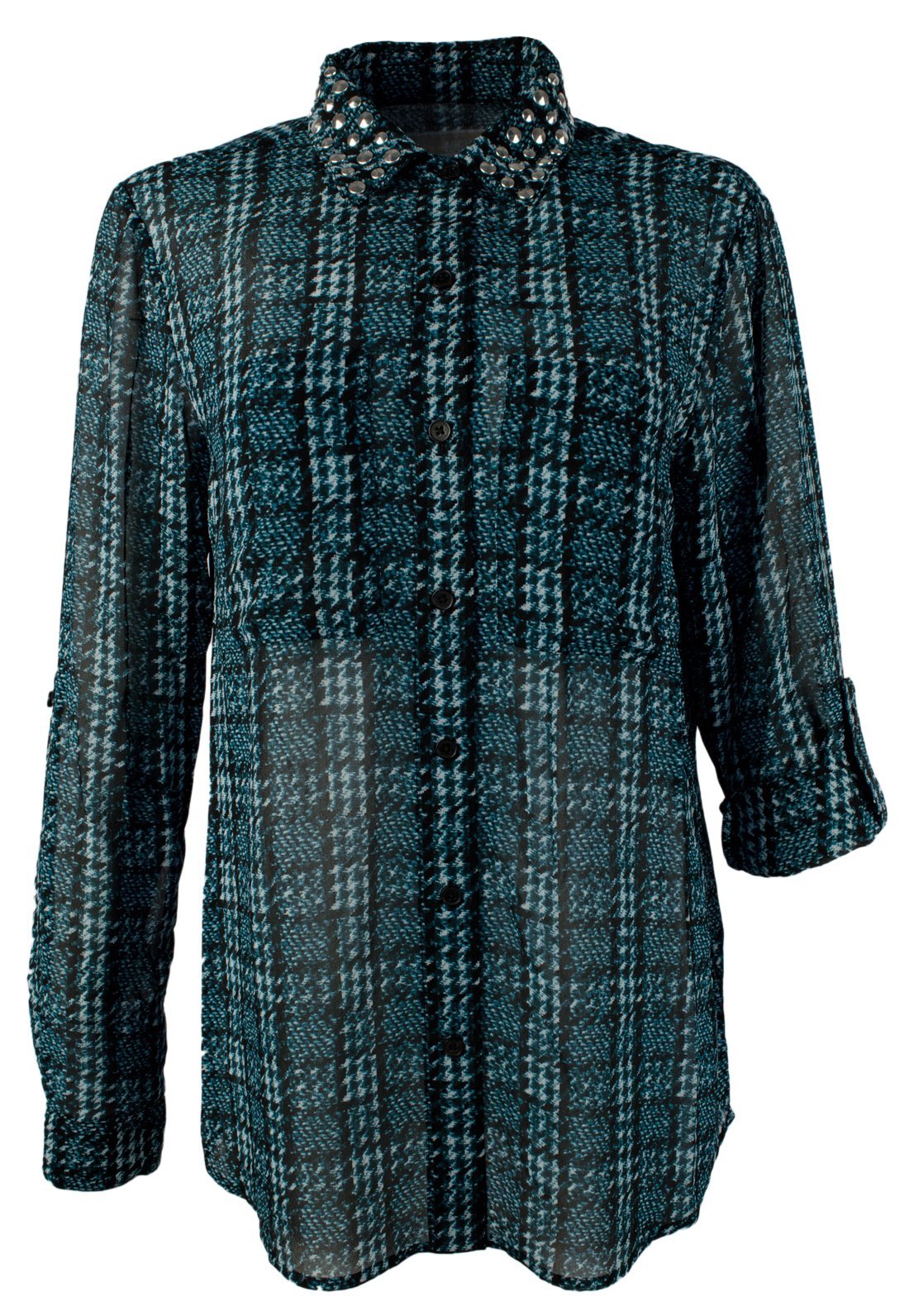 Michael Michael Kors Women's Tweed Haberdashery Print Georgette Roll-Sleeve Shirt (X-Small, Deep Teal)