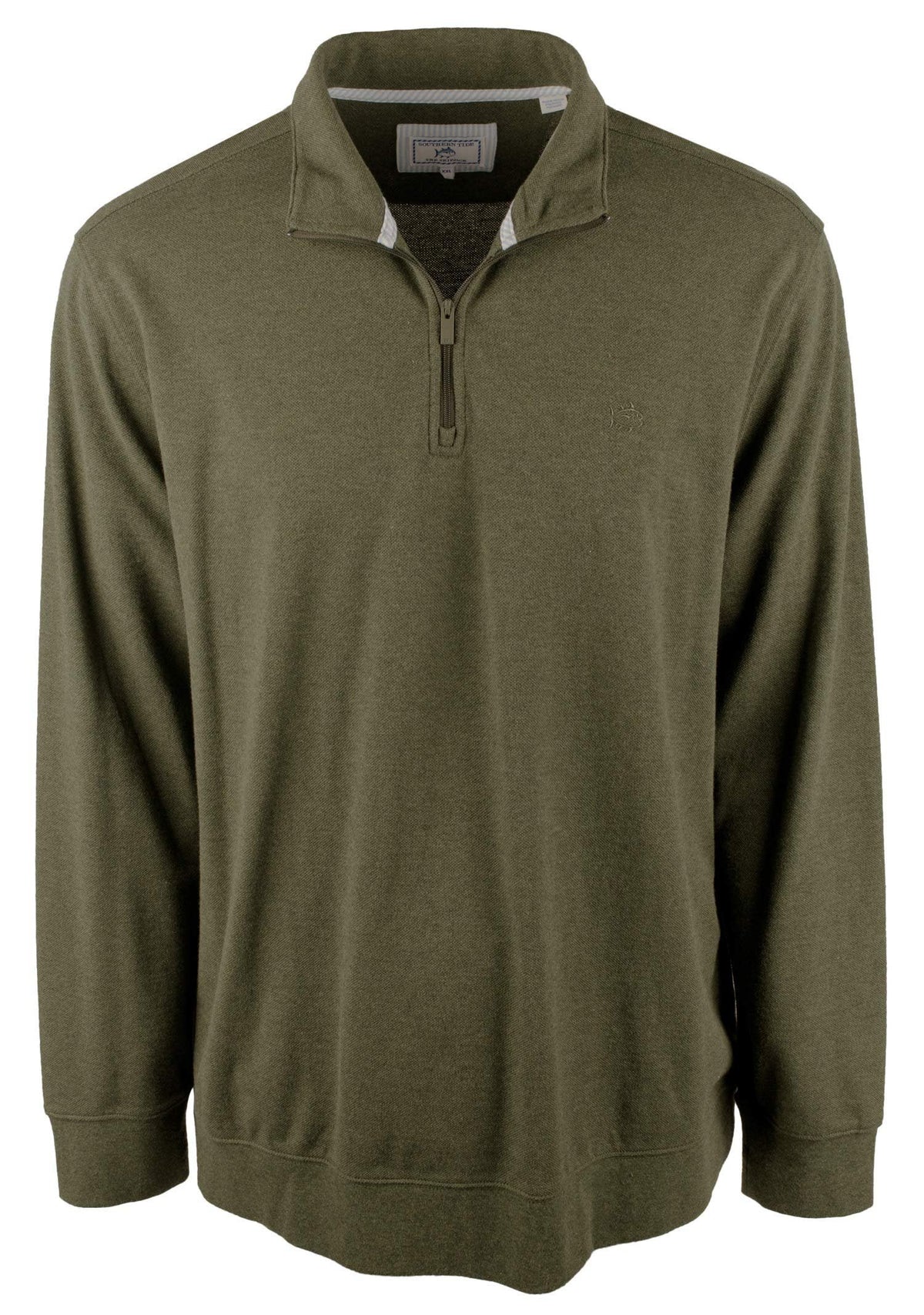 Sudadera con cremallera de 1/4 de piqué Skipjack para hombre de Southern Tide, color musgo amazónico jaspeado, talla mediana