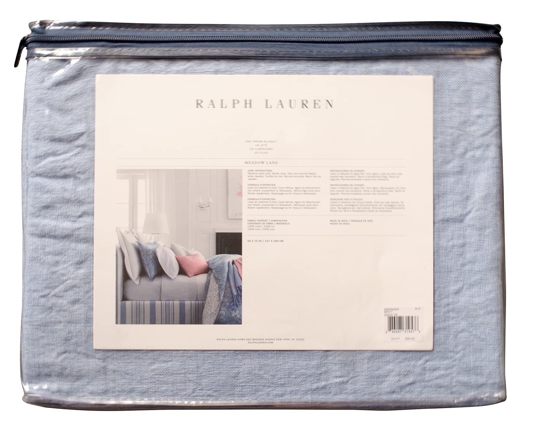 Ralph Lauren Home Meadow Lane Britt Linen Throw Blanket 54" x 72" Blue