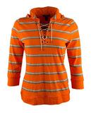 Women's Petite Lace-Up 3/4 Sleeve Hoodie Top-OM-P