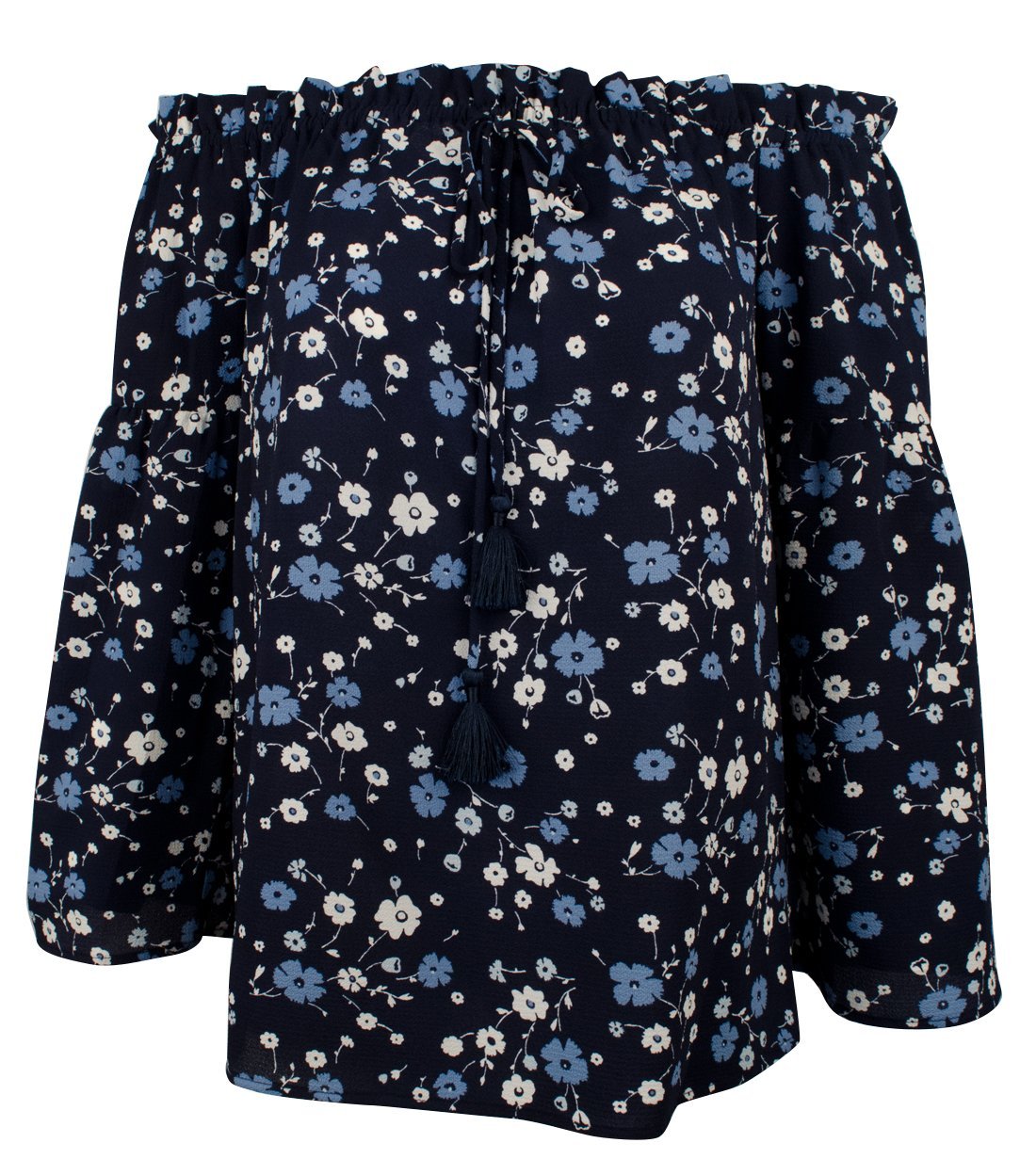 Michael Kors Women's Patterned Off-The-Shoulder Bell Sleeve Tassel Top