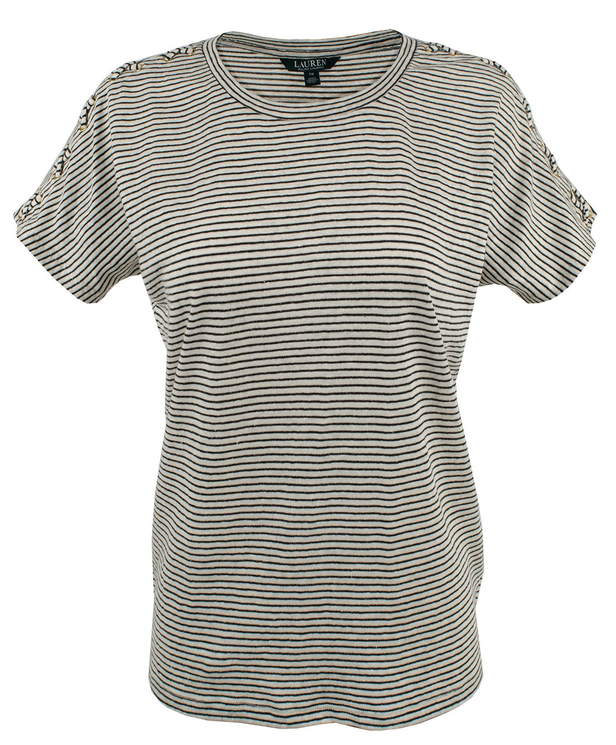 Women's Lace-Up Shoulder Striped Linen Blend Top-C-S
