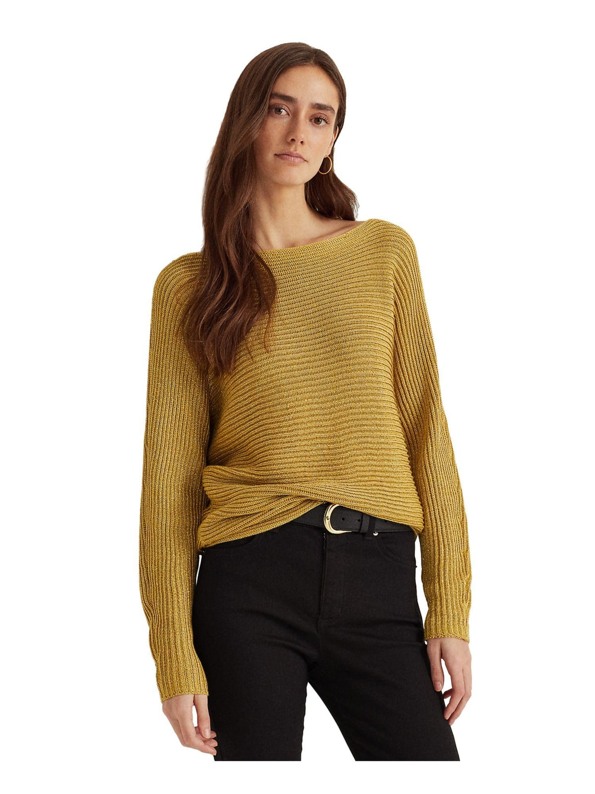 Ralph Lauren Women's Metallic Boat Neck Long Dolman Sleeve Sweater Gld X-Large