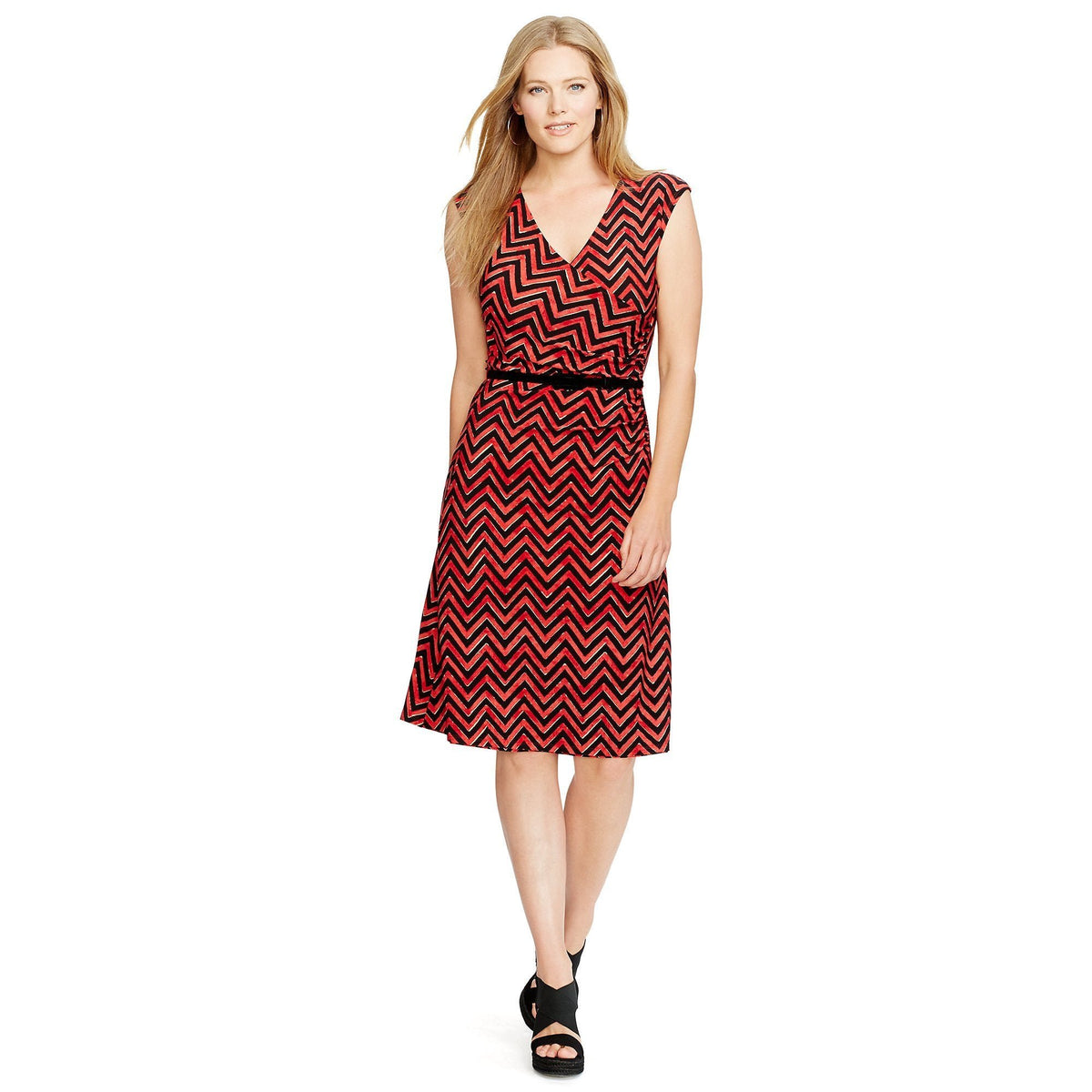 Lauren Ralph Lauren Women's Plus Size Chevron Print Cap Belted Dress M 3X