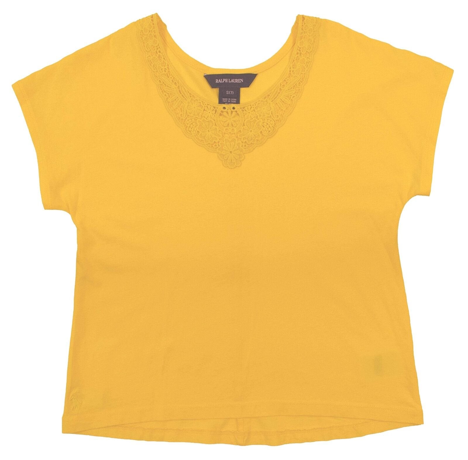 Ralph Lauren Girl's Cotton Lace Trim T-Shirt-Yellow-Large(12-14)