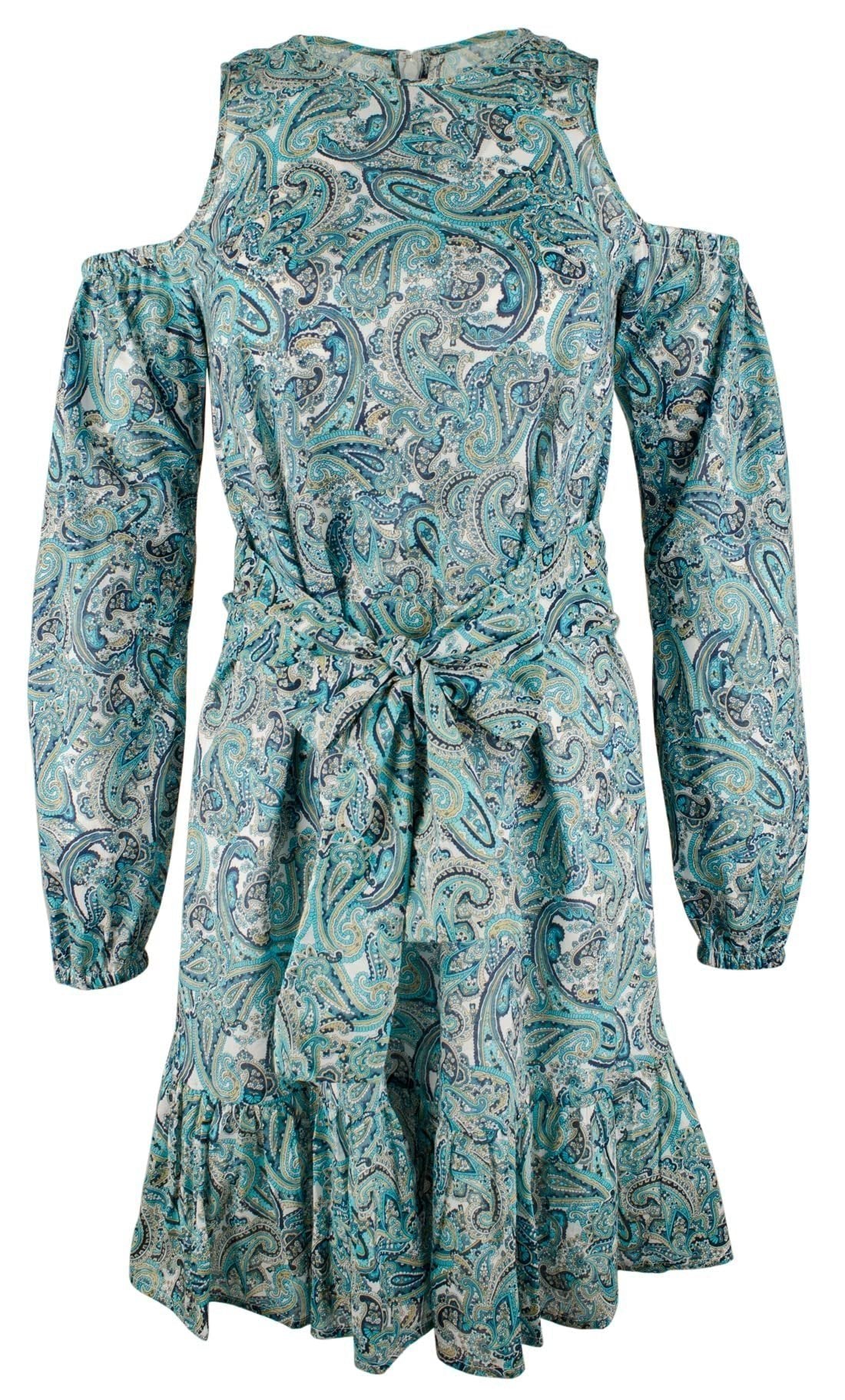 Michael Kors Women's Paisley Cold Shoulder Self Tie Belt Long Sleeved  Dress