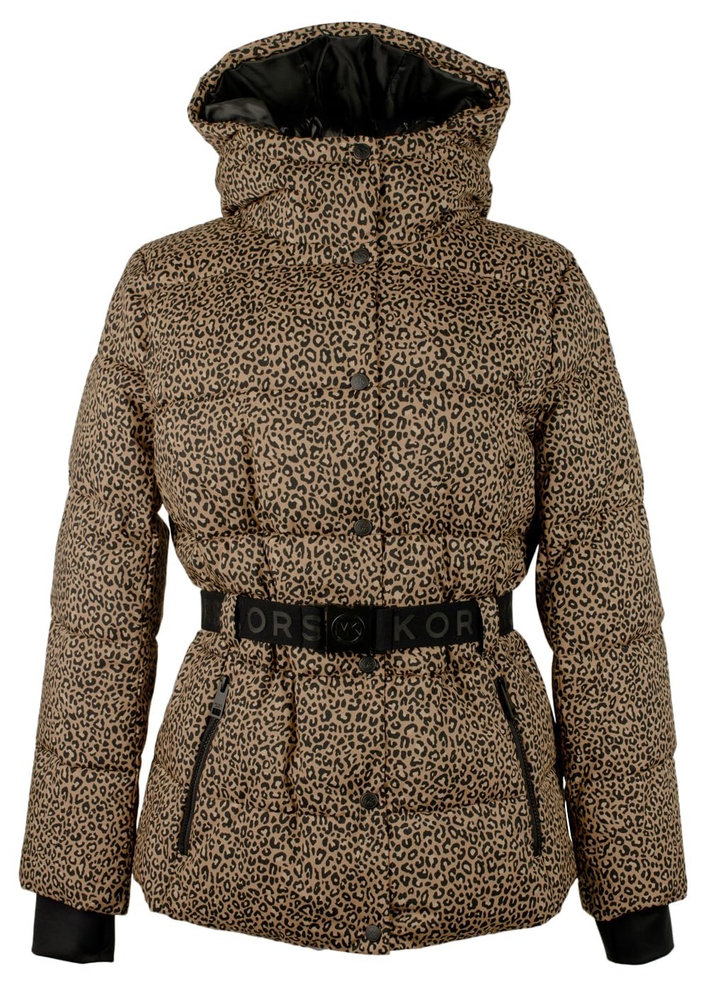 Michael Michael Kors Women's Hooded Animal Print Belted Puffer Coat Jacket X-Large