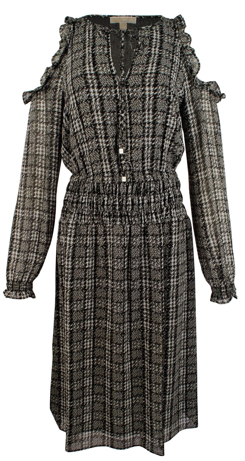 Michael Kors Tweed Haberdashery Print Georgette Cold Shoulder Midi Dress-B-Small