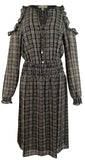 Michael Kors Tweed Haberdashery Print Georgette Cold Shoulder Midi Dress-B-Small