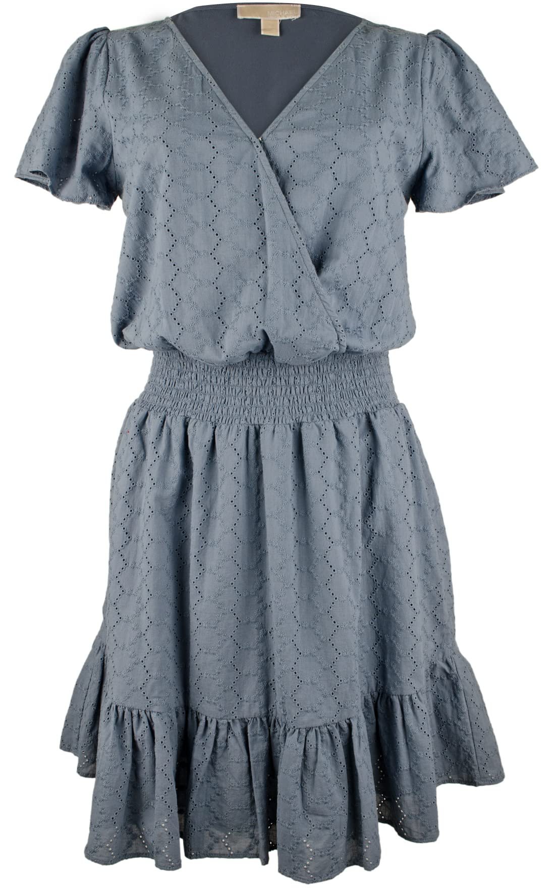 Michael Kors Women's Eyelet Flutter Smocked Waist Ruffled Hem Dress Dark Chambray