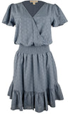 Michael Kors Women's Eyelet Flutter Smocked Waist Ruffled Hem Dress Dark Chambray