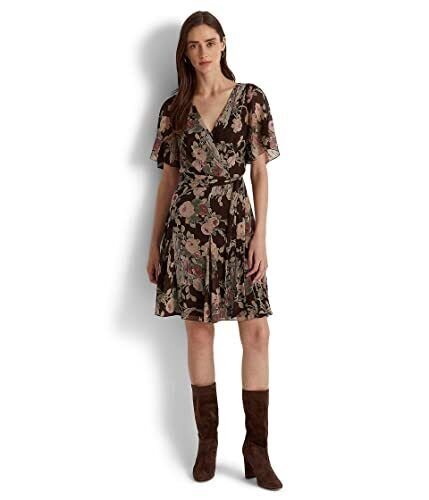 Lauren Ralph Lauren Floral Crinkle Georgette Surplice Dress Brown Multi 14