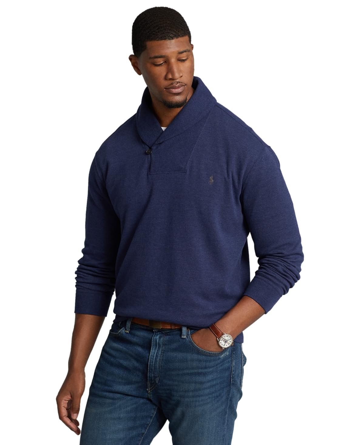 POLO RALPH LAUREN Men's Luxury Jersey Shawl-Collar Pullover, Big & Tall (Navy Heather, 3XB, 3X-Large Big)