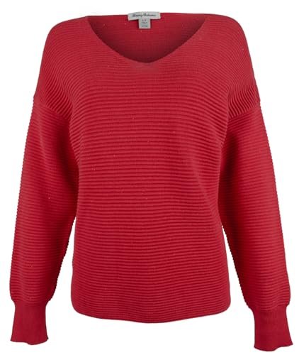 Suéter otomano con lentejuelas Bonita para mujer, cuello en V, rojo, talla mediana