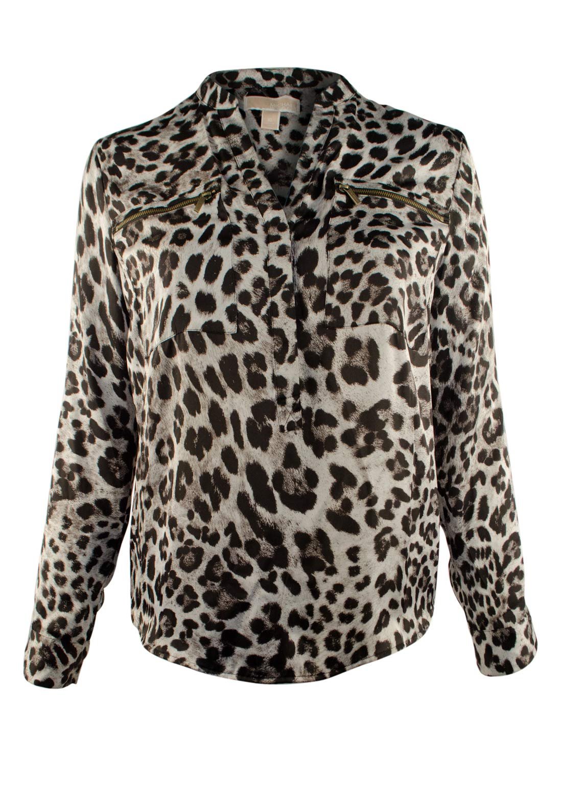 Women's Animal Print Zipper Pocket Blouse-BW-XXS Black/White