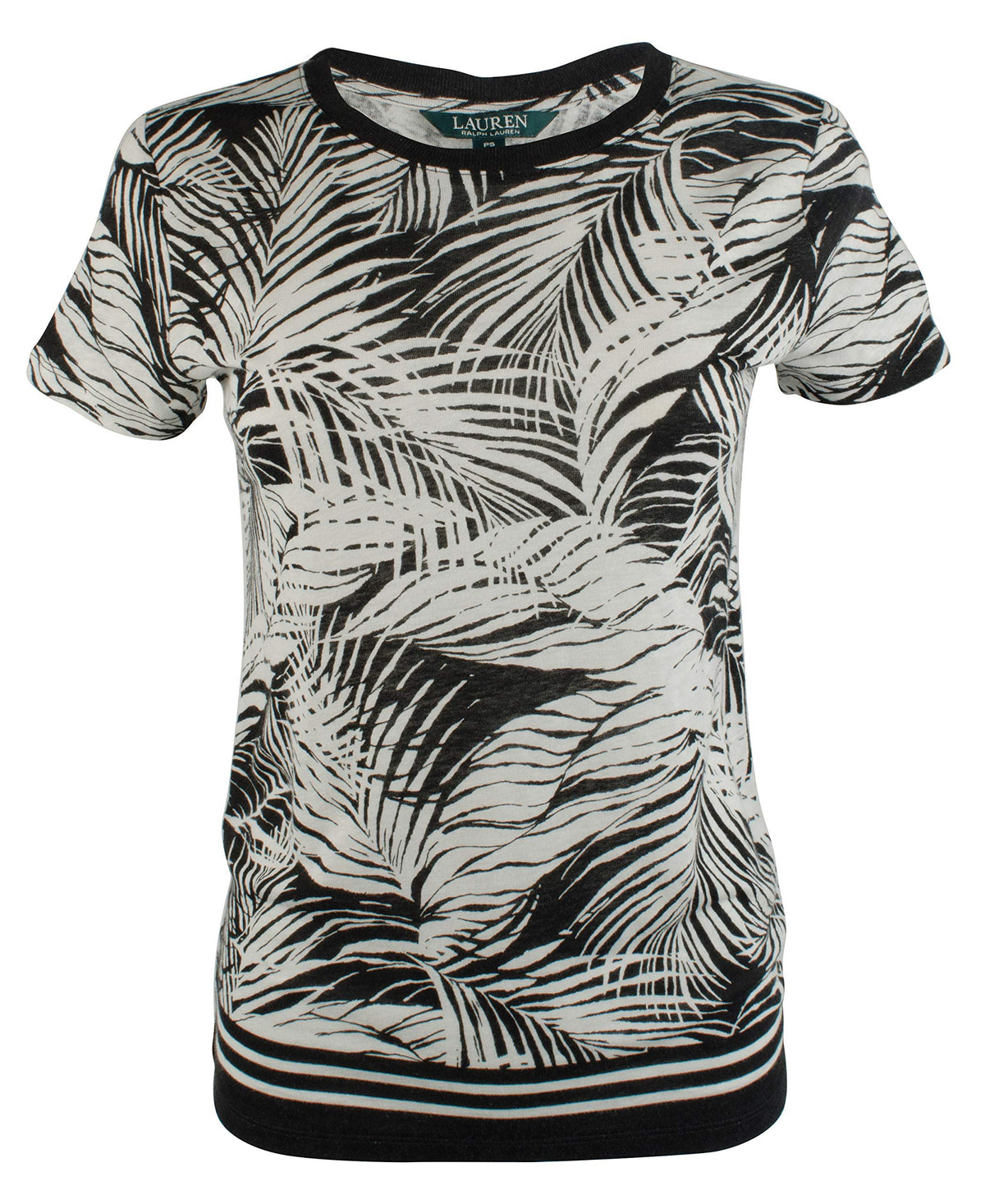 LAUREN RALPH LAUREN Womens Petites Linen Printed T-Shirt Black-Ivory PXS
