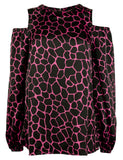 Michael Kors Women's Plus Giraffe Print Long Cold Shoulder Blouse Top 2X Cerise