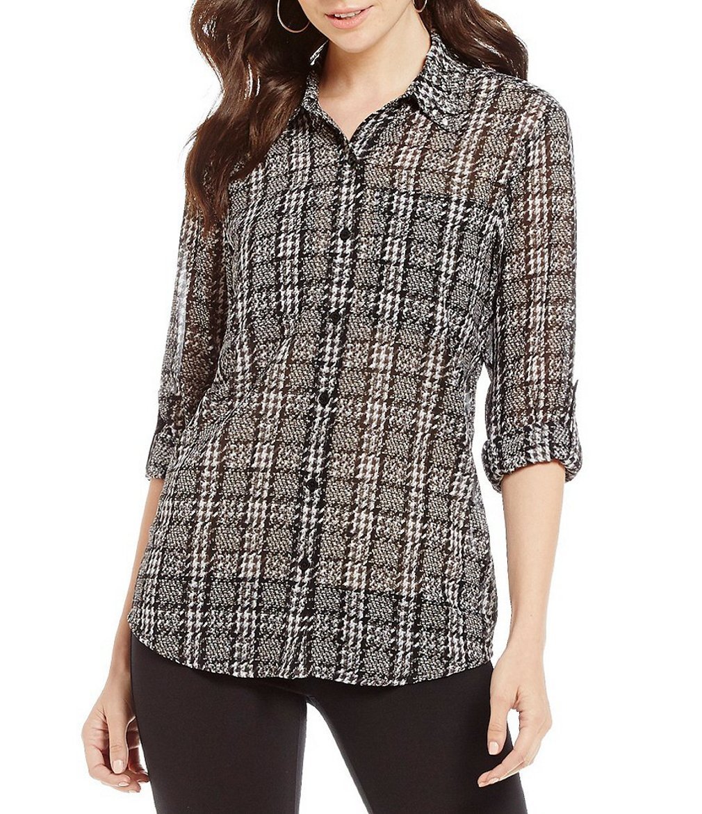 Michael Kors Tweed Haberdashery Print Georgette Roll-Sleeve Shirt (S)