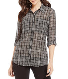 Michael Kors Tweed Haberdashery Print Georgette Roll-Sleeve Shirt (S)