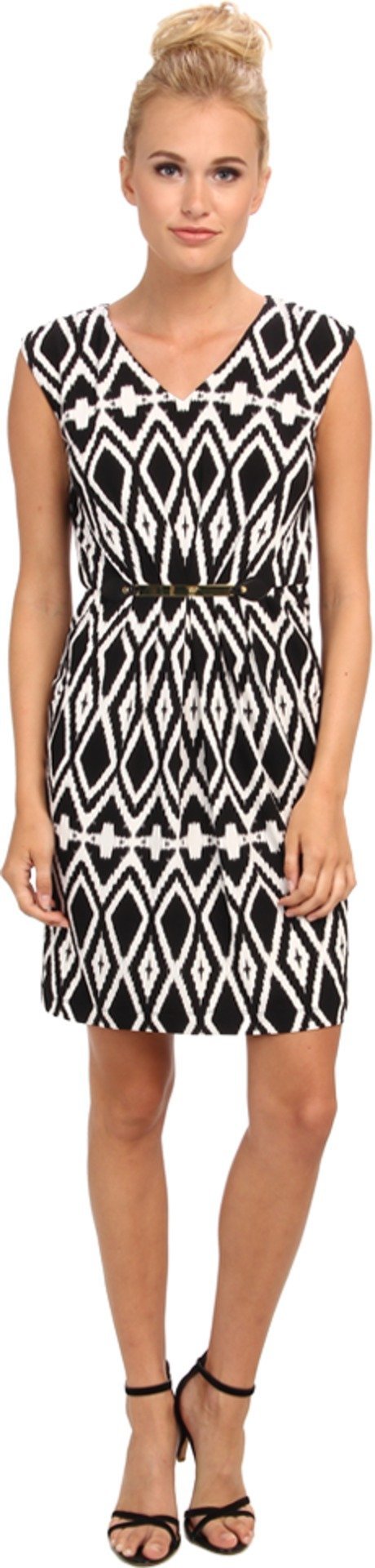 by ASL Women's Belted Geo Print Jersey Sheath Dress-BW-8 Black-White